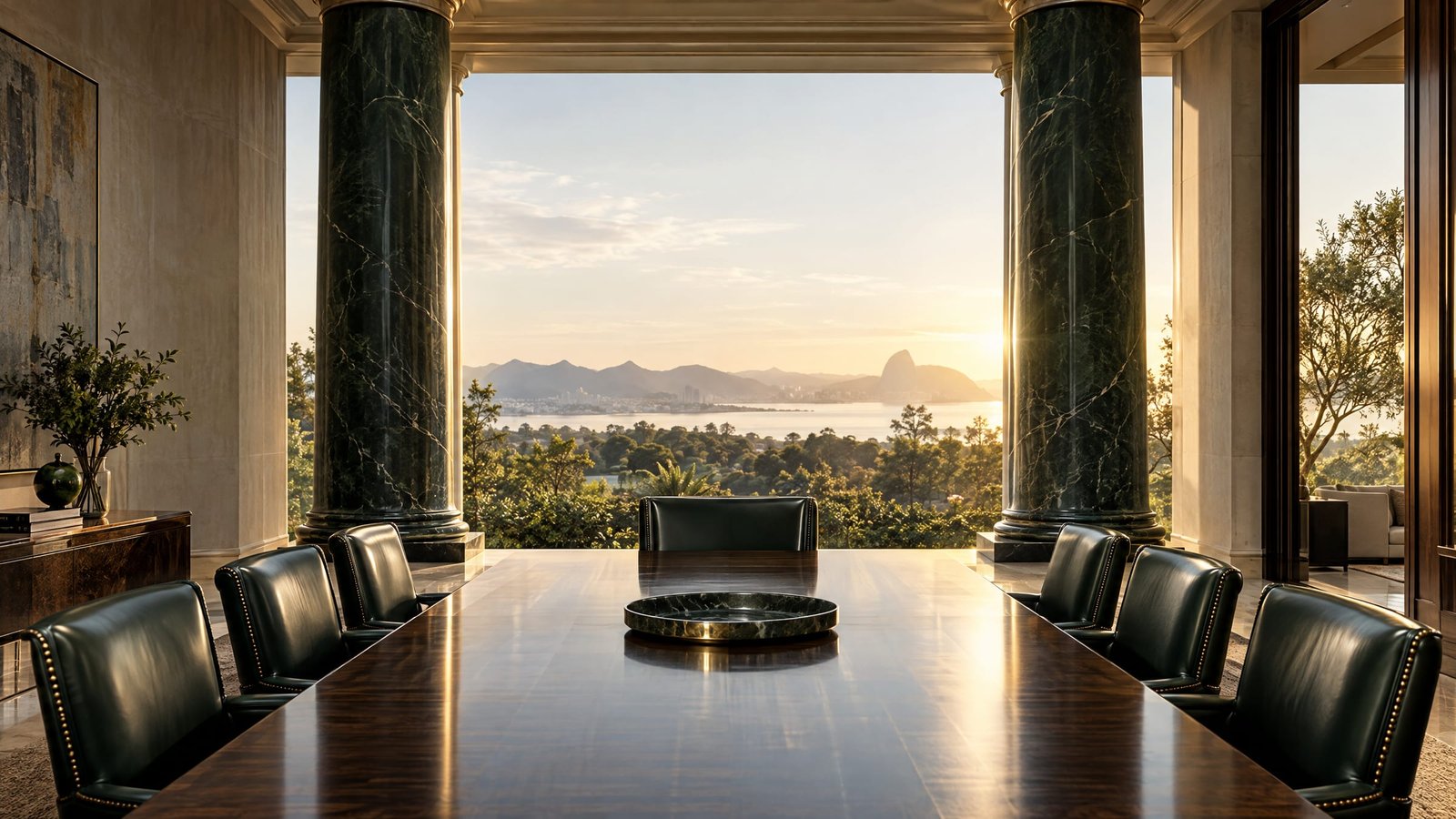 Sala de reunião entre duas colunas de mármore verde, com vista para a baía ao entardecer